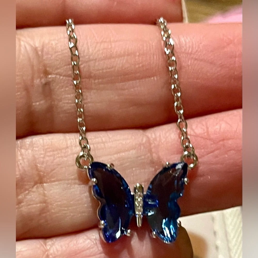 Fine Silver Plate Created Ceylon Sapphire Dainty Butterfly & Round Set Pnd 18" - Picture 2 of 4